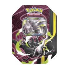 Lata colecionável de JCC Pokémon com Mega-Darkrai EX em vista frontal e janela superior