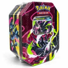 Lata metálica de JCC Pokémon com Mega-Darkrai EX em perspetiva e janela frontal com carta visível