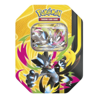 Lata do Jogo de Cartas Colecionáveis Pokémon com Mega-Zeraora ex e janela frontal